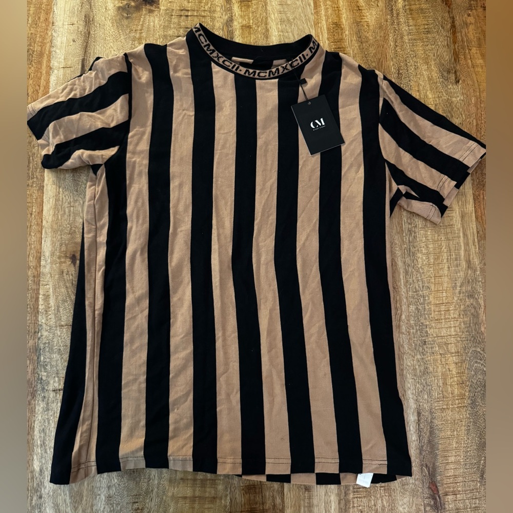 Cactus Man Ricky Singh Black and Tan vertical Striped Shirt 100% cotton NWT